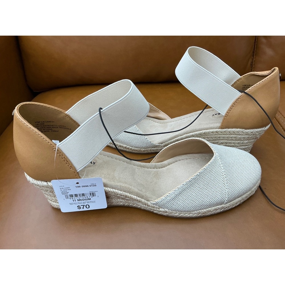 St.John's Bay Lamesa Wedge Sandals Womens11 Natural New Espadrille Elastic Strap